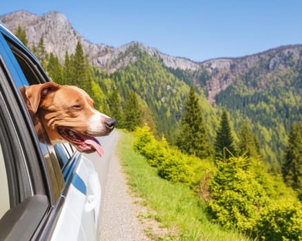 Sunny summer day on an empty mountain road. Happy face of a pitbull dog sticks out of the window of a white car. AI generated