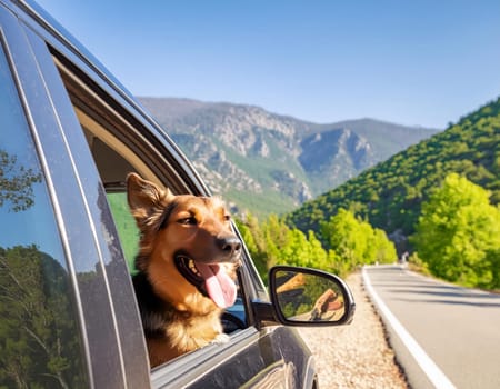 Sunny summer day on an empty mountain road. Happy German shepherd dog sticking out of car window. AI generated