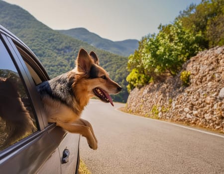 Sunny summer day on an empty mountain road. Happy German shepherd dog leaning out from the car window. AI generated