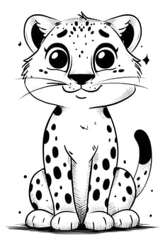 A cartoon drawing of a small Felidae organism, a cheetah cub, sitting down. The black and white image highlights its whiskers, nose, eye and head, showcasing this carnivores beauty