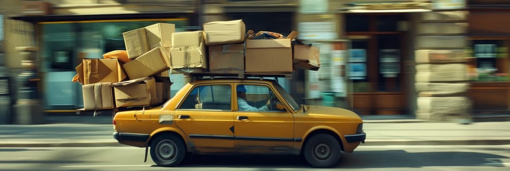 A yellow car is loaded with boxes and is driving down the street by AI generated image.