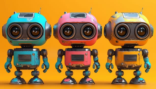 Three robots of different colors stand side by side on a yellow background by AI generated image.