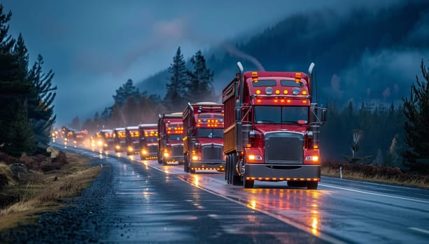 A line of red semi trucks are driving down a wet road by AI generated image.