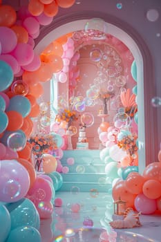 A room with a pink archway and a staircase leading up to it. The room is filled with balloons of various colors, including pink, orange, and green. There are also flowers and a cake in the room