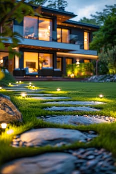 A house with a large yard and a stone walkway leading to it. The walkway is lit up at night, creating a warm and inviting atmosphere