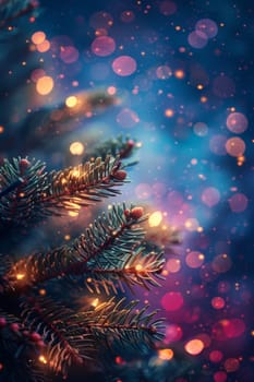 A tree with lights on it and a blurry background. The tree is lit up and the background is blurry, giving the image a dreamy and ethereal feel