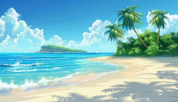 A beautiful beach scene with palm trees and a small island in the distance by AI generated image.