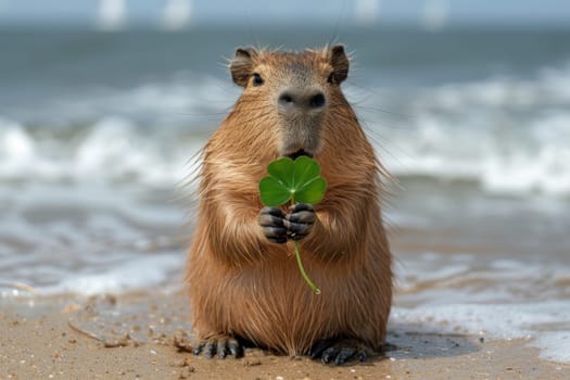 A brown capybara is holding a clover in its mouth on a beach. The scene is peaceful and serene, with the ocean in the background