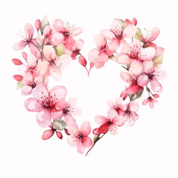 Painted illustration, pink cherry blossoms forming a heart on a white isolated background. Heart as a symbol of affection and love. The time of falling in love and love.