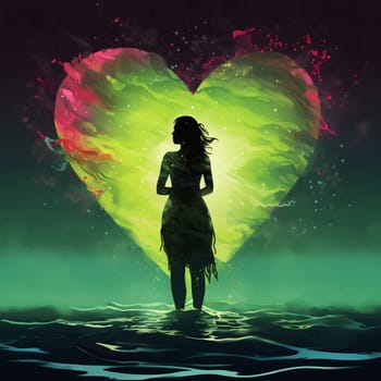 Silhouette of a Woman standing in green waters in the background a large heart. Heart as a symbol of affection and love. The time of falling in love and love.