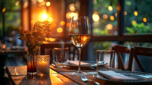 A table with a wine glass, a candle, and a vase of flowers. The table setting is elegant and inviting, with the candle providing a warm glow and the flowers adding a touch of natural beauty