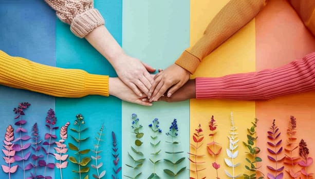 Three people holding hands in a rainbow pattern by AI generated image.