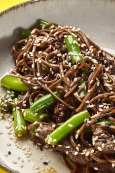 Close-up of Asian style stir-fried soba noodles with beef and crisp green beans sprinkled with sesame seeds served on ceramic plate. Authentic comfort food