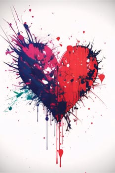 Painted red heart with splattered paint, white background. Heart as a symbol of affection and love. The time of falling in love and love.