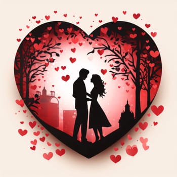 Black silhouette of a woman and a man in love couple in a red heart. Light background. Heart as a symbol of affection and love. The time of falling in love and love.