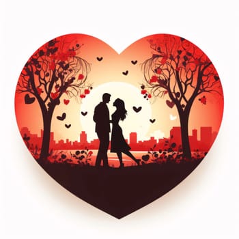 Black silhouette of a woman and a man in love couple in a red heart. Light background. Heart as a symbol of affection and love. The time of falling in love and love.