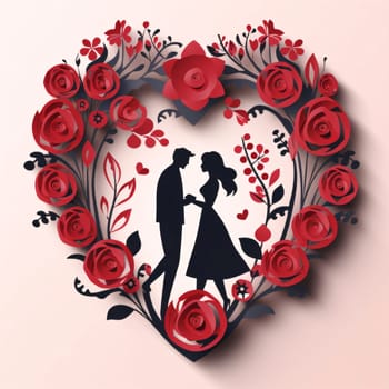 Black silhouette of a woman and a man in love couple in a red heart. Light background. Heart as a symbol of affection and love. The time of falling in love and love.