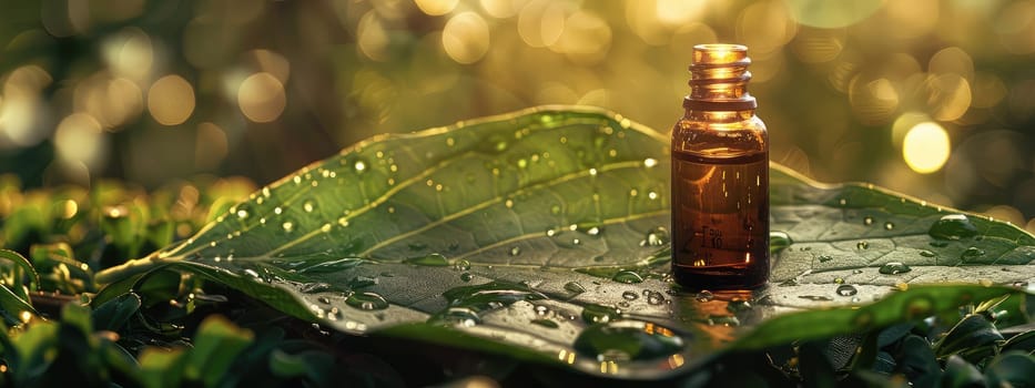 A bottle of essential oil on a wet leaf of a plant. Selective focus. spa.