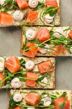Top view of enticing savory bruschetta topped with cream cheese, slices of smoked salmon and fresh mozzarella, accented with delicate pea shoots