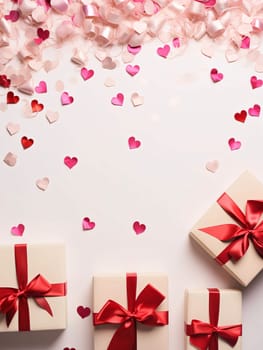 Top view of scattered confetti; white and pink hearts, gifts with red bows.Valentine's Day banner with space for your own content. White background color. Blank field for the inscription. Heart as a symbol of affection and love.