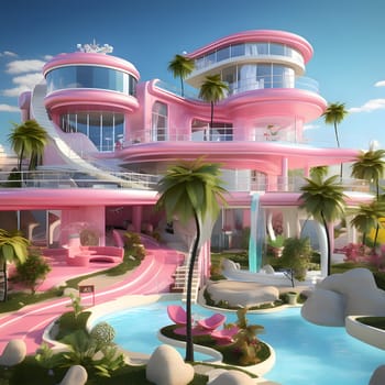 A luxurious pink mansion, designed in Barbie style, exudes elegance and charm with its vibrant colors and glamorous details.