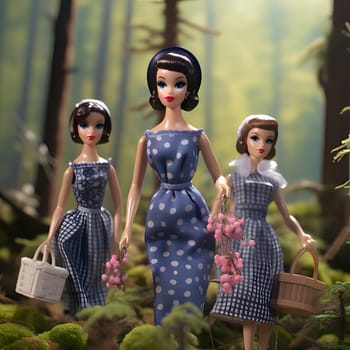 Three Barbie dolls enjoy a delightful picnic in the woods, holding colorful picnic baskets filled with delicious treats, surrounded by the beauty of nature.