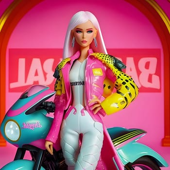 A cute blonde Barbie confidently poses in sporty attire against a sleek motorcycle, front view. Ready for adventure and excitement!