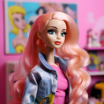 A cute blonde Barbie stands elegantly in a pink outfit against a blurred background, showcasing her stylish side profile.
