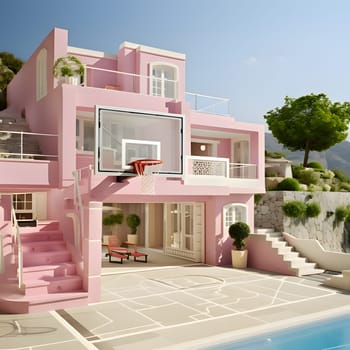 A luxurious pink mansion, designed in Barbie style, exudes elegance and charm with its vibrant colors and glamorous details.