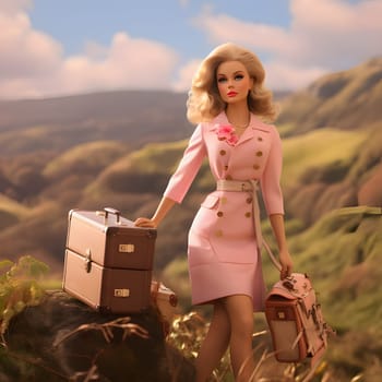 In this front view, a cute blonde Barbie doll is elegantly posed with suitcases against a beautiful natural landscape background.