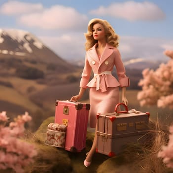 In this front view, a cute blonde Barbie doll is elegantly posed with suitcases against a beautiful natural landscape background.