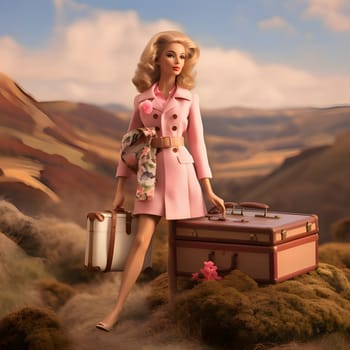 In this front view, a cute blonde Barbie doll is elegantly posed with suitcases against a beautiful natural landscape background.