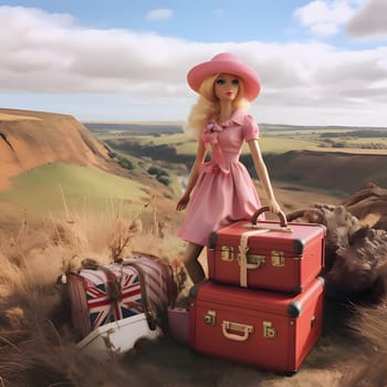 In this front view, a cute blonde Barbie doll is elegantly posed with suitcases against a beautiful natural landscape background.