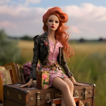 In this front view, a cute blonde Barbie doll is elegantly posed with suitcases against a beautiful natural landscape background.