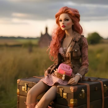 In this front view, a cute blonde Barbie doll is elegantly posed with suitcases against a beautiful natural landscape background.