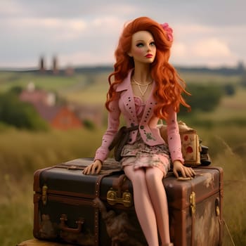 In this front view, a cute blonde Barbie doll is elegantly posed with suitcases against a beautiful natural landscape background.