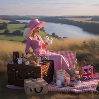 In this front view, a cute blonde Barbie doll is stylishly posed with suitcases during a picnic, with a serene natural landscape background.