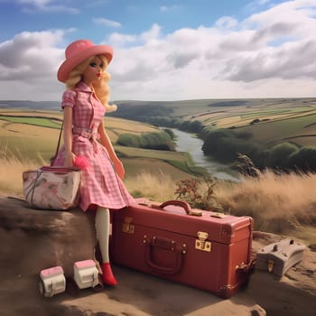 In this front view, a cute blonde Barbie doll is elegantly posed with suitcases against a beautiful natural landscape background.