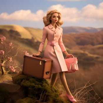 In this front view, a cute blonde Barbie doll is elegantly posed with suitcases against a beautiful natural landscape background.