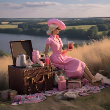 In this front view, a cute blonde Barbie doll is stylishly posed with suitcases during a picnic, with a serene natural landscape background.