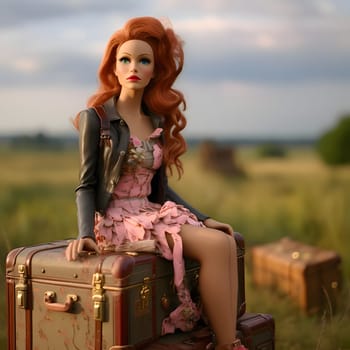 In this front view, a cute blonde Barbie doll is elegantly posed with suitcases against a beautiful natural landscape background.