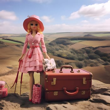 In this front view, a cute blonde Barbie doll is elegantly posed with suitcases against a beautiful natural landscape background.