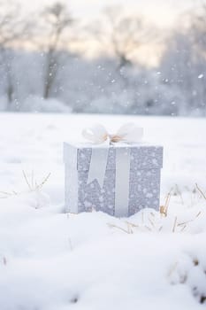 Christmas holiday gift and present, gift box in the snow in snowfall winter countryside nature for boxing day, holidays shopping sale idea