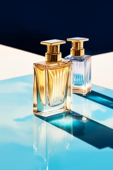 Luxury womens fragrance, bottle of perfume scent by the swimming pool in summer, bespoke perfumery and beauty product sale commercial, post-processed, generative ai