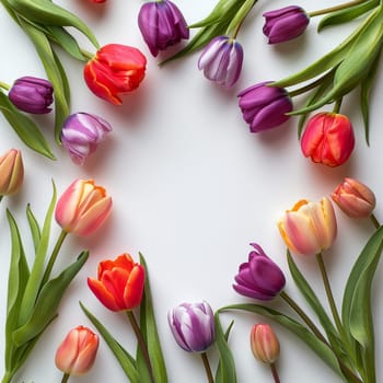 A bouquet of flowers with a white background. The flowers are of different colors and sizes, and they are arranged in a circular pattern. Scene is cheerful and vibrant