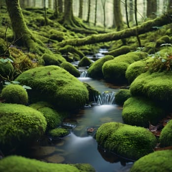 Cascading Waterfall in Mossy Forest Landscape