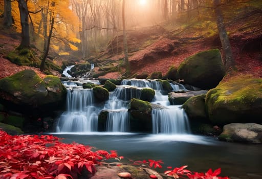 Autumn Symphony: Sunset Cascade in the Forested Mountains