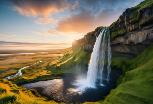 Sunset Majesty: Seljalandsfoss Waterfall in Summer's HDR Glow