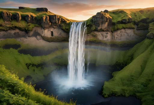 Sunset Serenade: Seljalandsfoss Waterfall in HDR, Iceland's Summer Symphony