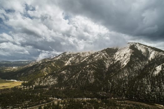 sawtooth mountains outside of Stanley Idaho on a cloudy spring day